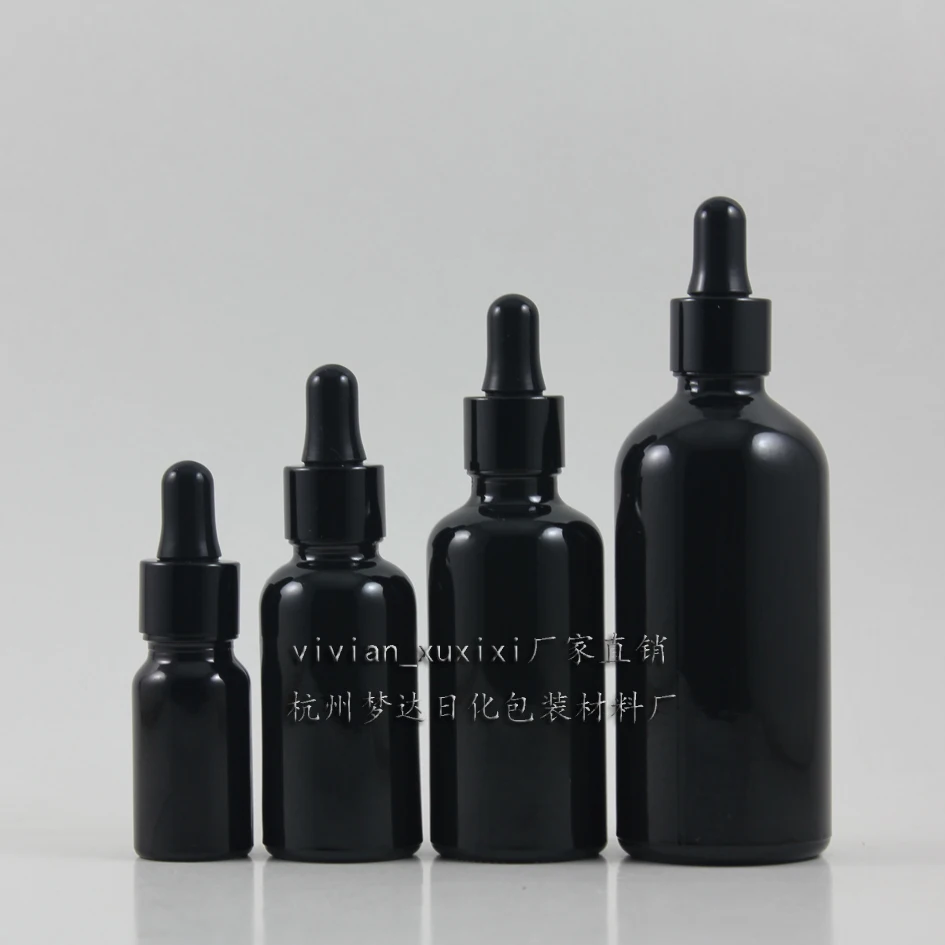 

50pcs 100ml shiny black dropper glass bottle with black dropper cap, empty dropper container 100ml glass essential oil bottle