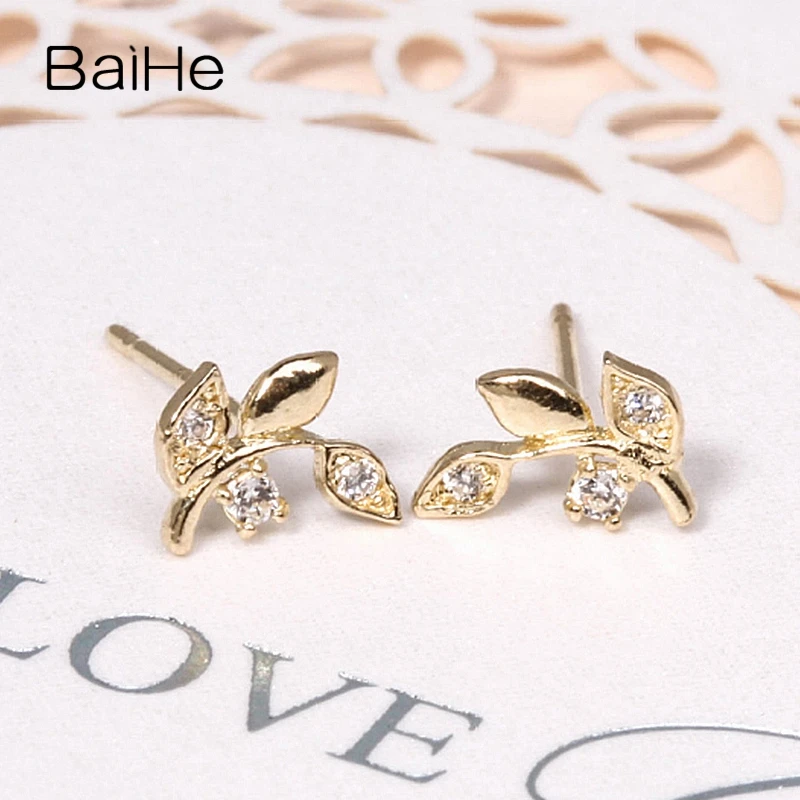 BAIHE Solid 18K Yellow Gold 0.01CT H/SI Natural Diamond Leaf Stud Earrings Women Trendy Fine Jewelry 'Yan kunne na Stud aretes