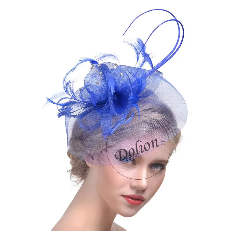 Lady British Fedoras Hat Girls Party Fascinator Horse Racing Feather Hat Bride Hair Accessory Net Yarn Hair Headwear  B-8296