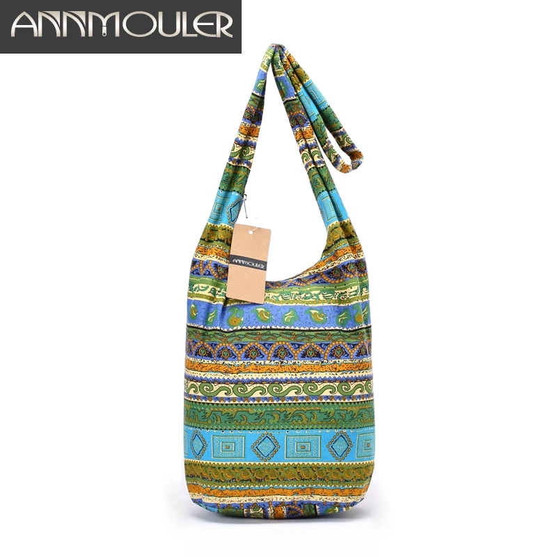 Annmouler Large Capacity Women Bag Soft Cotton Shoulder Bag Vintage Tribal Hobo Bag Green Sling Chest Bag for Ladies