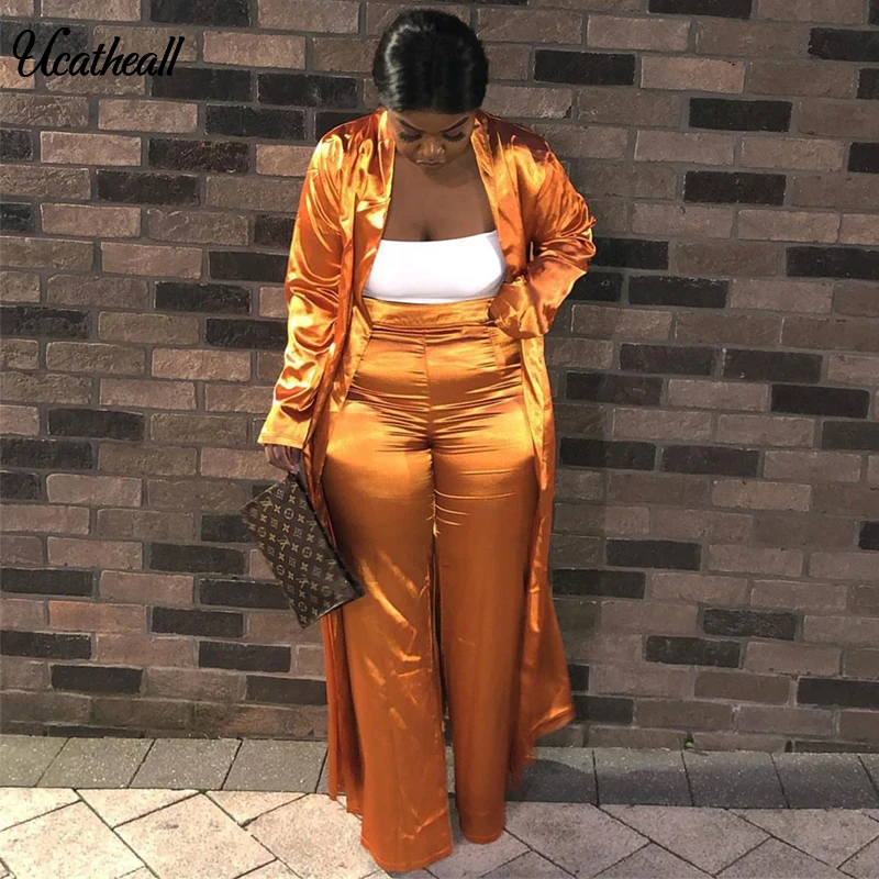 Women Satin Open Stitch With Sashes Long Trench +straight Long Pants Suits Two Piece Set Wide Leg Pants Tracksuit Outfit