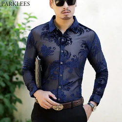 Paisley Floral Lace Shirt Men 2022 Luxury Embroidery Transparent Mens Dress Shirts See Trough Sexy Club Party Prom Social Shirt