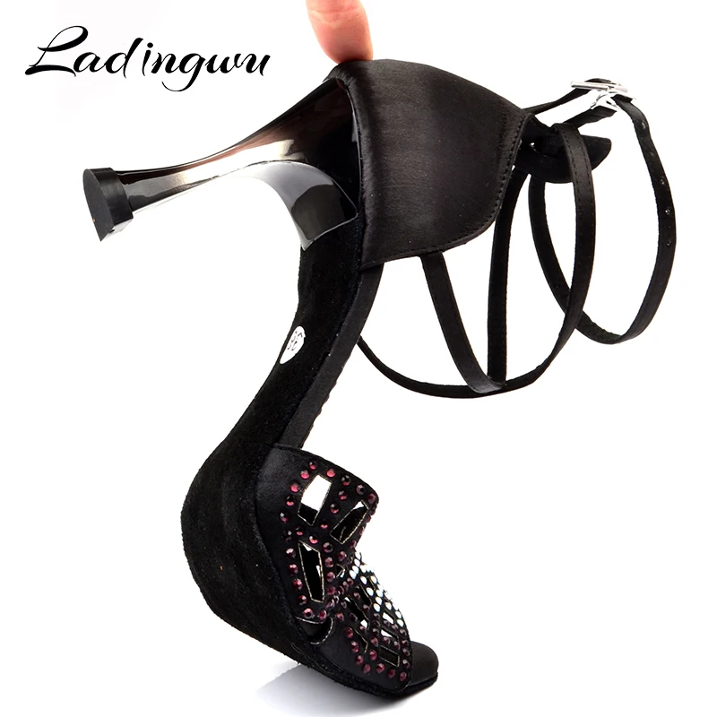 Ladingwu New Brand Latin Dance Shoes Black Satin Ballroom Profession Dance Shoes Gradient Heel and Gradient Rhinestone Design