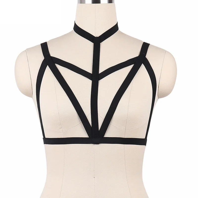 

Black Strappy Tops Bustier Bondage Harness Lingerie 90s Sexy Body Cage Harness Bra Erotic Burlesque Dress Women Crop Tops O0051