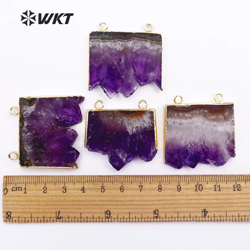 

WT-P211 WKT Оптовые подвески из натурального фиолетового кристалла с двойными петлями, очаровательные соединители с золотой окантовкой для дизайна ожерелий