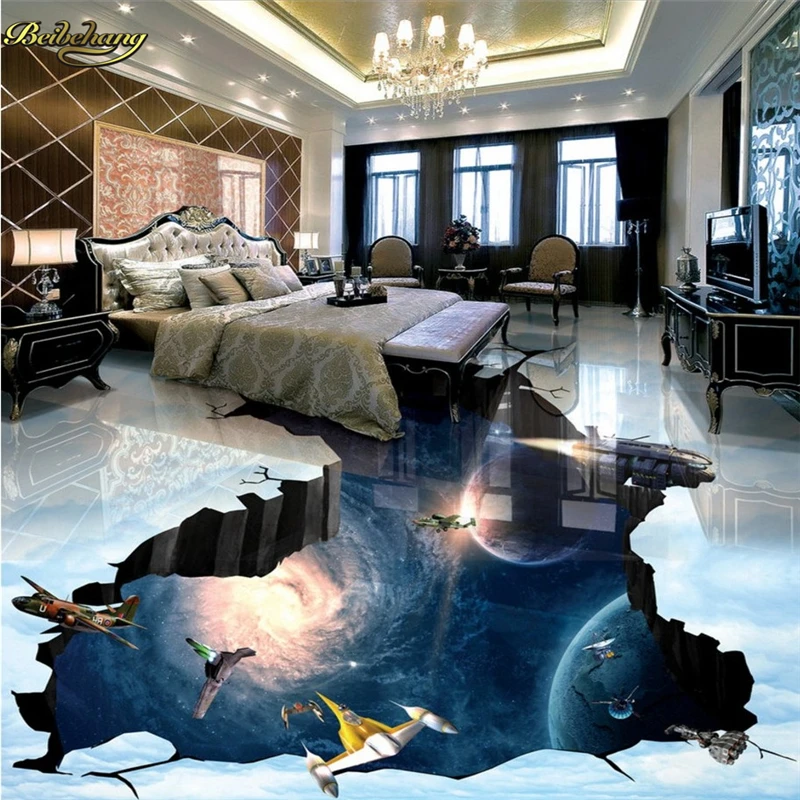 beibehang Custom Photo 3D Floor Painting Wallpaper Universe Earth Galaxy Spacecraft 3D Floor Painting papel de parede