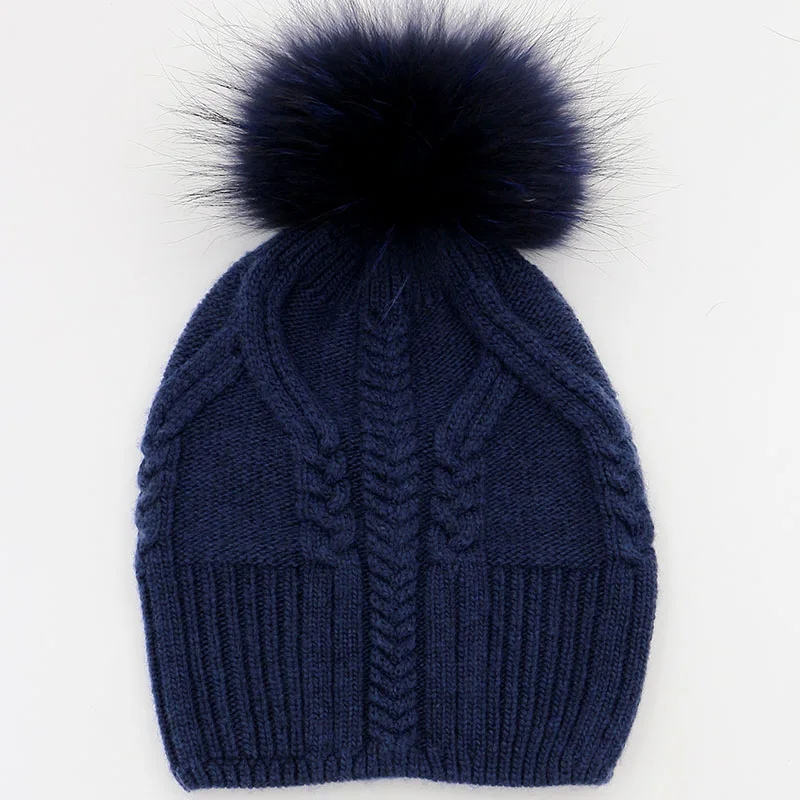 2016 New Style Winter Hats For Women Fashion 100% Wool & Fur Pom Pom Beanies Hats Navy Blue Fur Pompoms Sweater Twisting Hats image 4