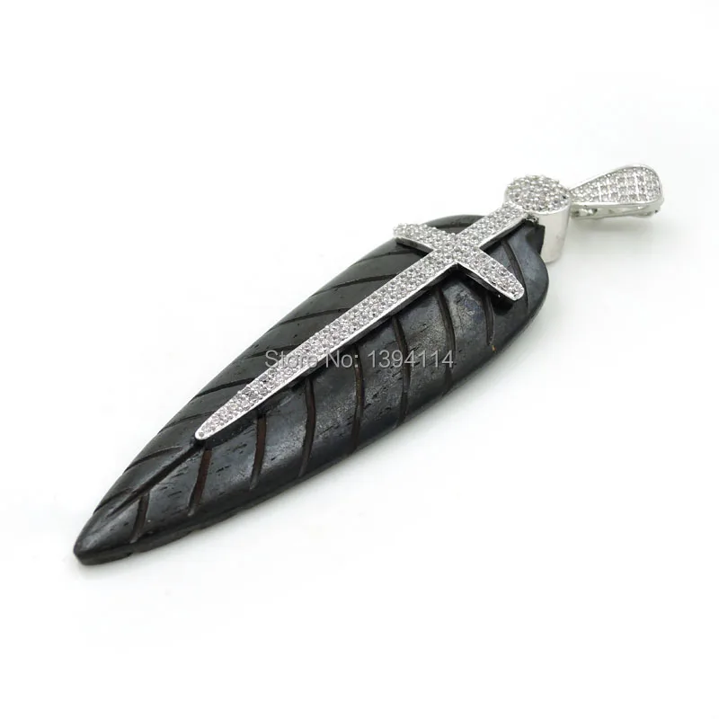 Micro Pave Clear CZ Ox Bone Carved Leaf Pendant Of Gluing Brass Cross Cap Approx 85*25*7mm