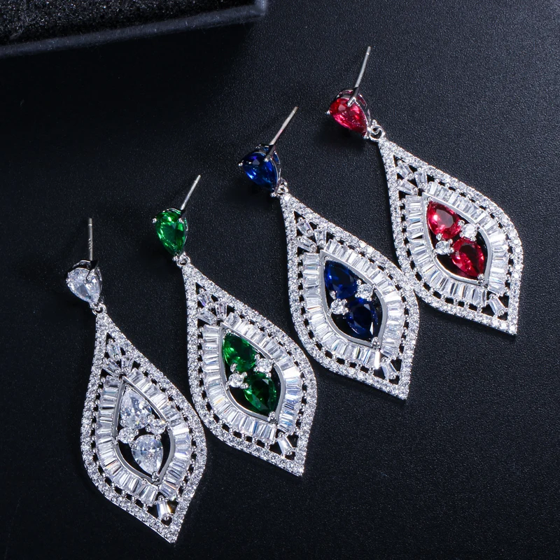 BeaQueen Elegant Teardrop Royal Blue CZ Crystal Women Wedding Evening Long Hanging Drop Earrings Jewelry for Brides E044