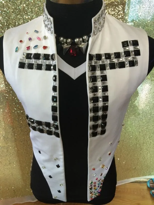 Men's fashion white jacket male singer stylish rhinestones vest dancer nightclub bar concert dancing jacket outerwear