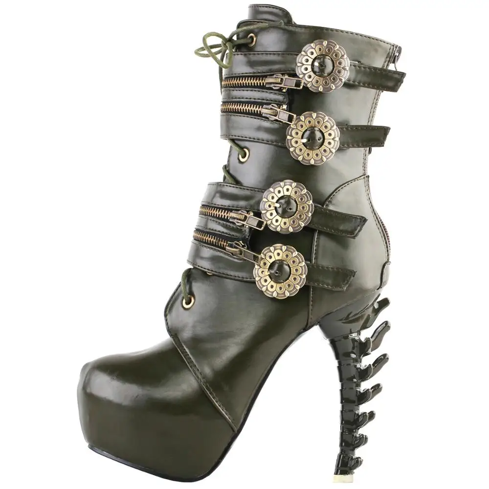 LF80651 Punk Design Zipper Women\'s High-top Bone High Heel Platform Ankle Boots Black