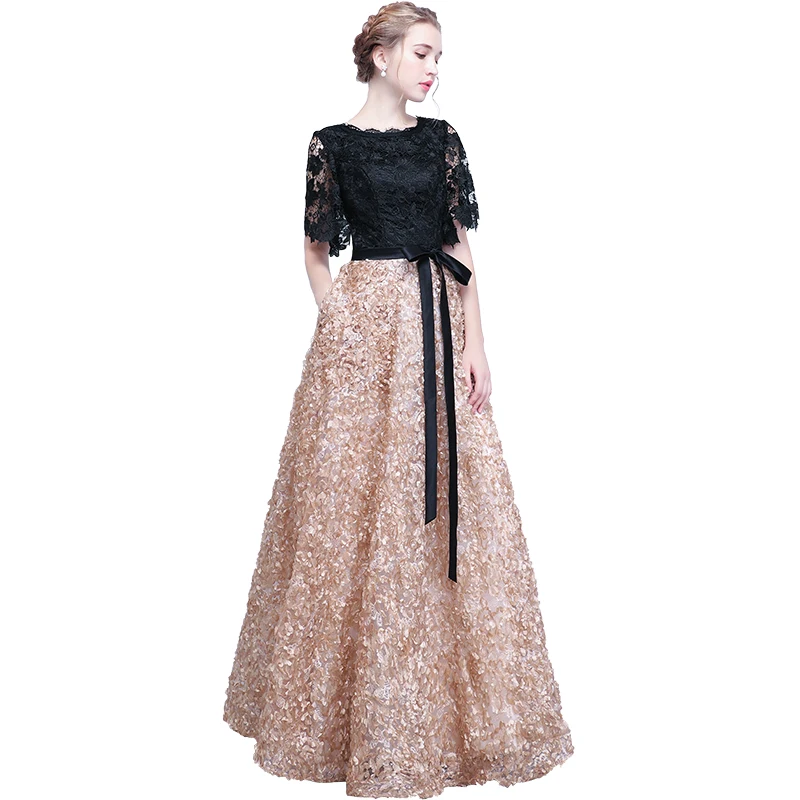 Ladybeauty Vintage Black A-Line Lace Long Evening Dresses Half Sleeves Beaded scoop neck long appliques evening dress prom dress