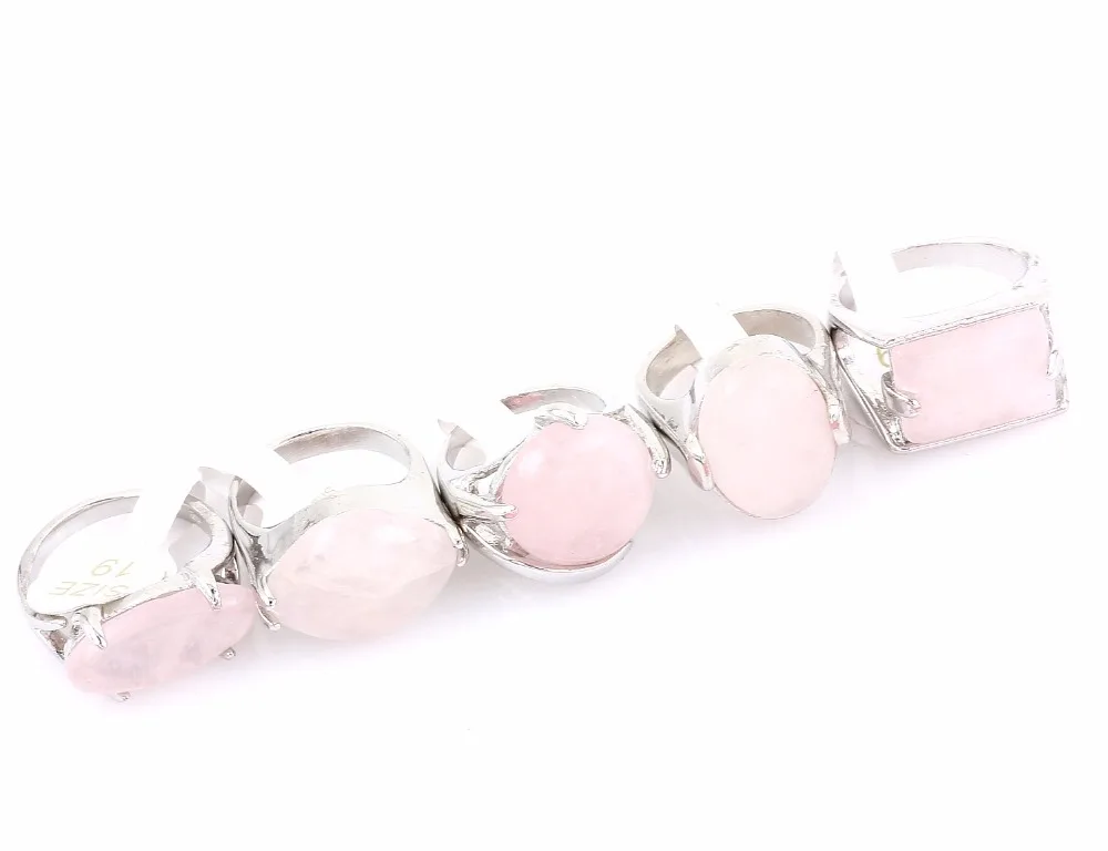 Wholesale Bulk 10Pcs Mix Style Natural Pink Quartz Stone Ring Band Zinc Alloy Ring Wedding Engagement Jewelry
