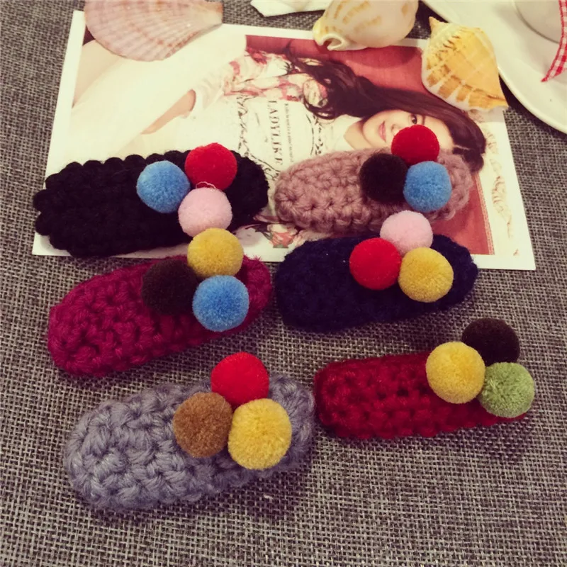 

2017 New Crocheted Hair Clips Fashion Handmade Knitted Fur PomPom Hairclips Women kids Gilrs Hairpins Hair Accessories