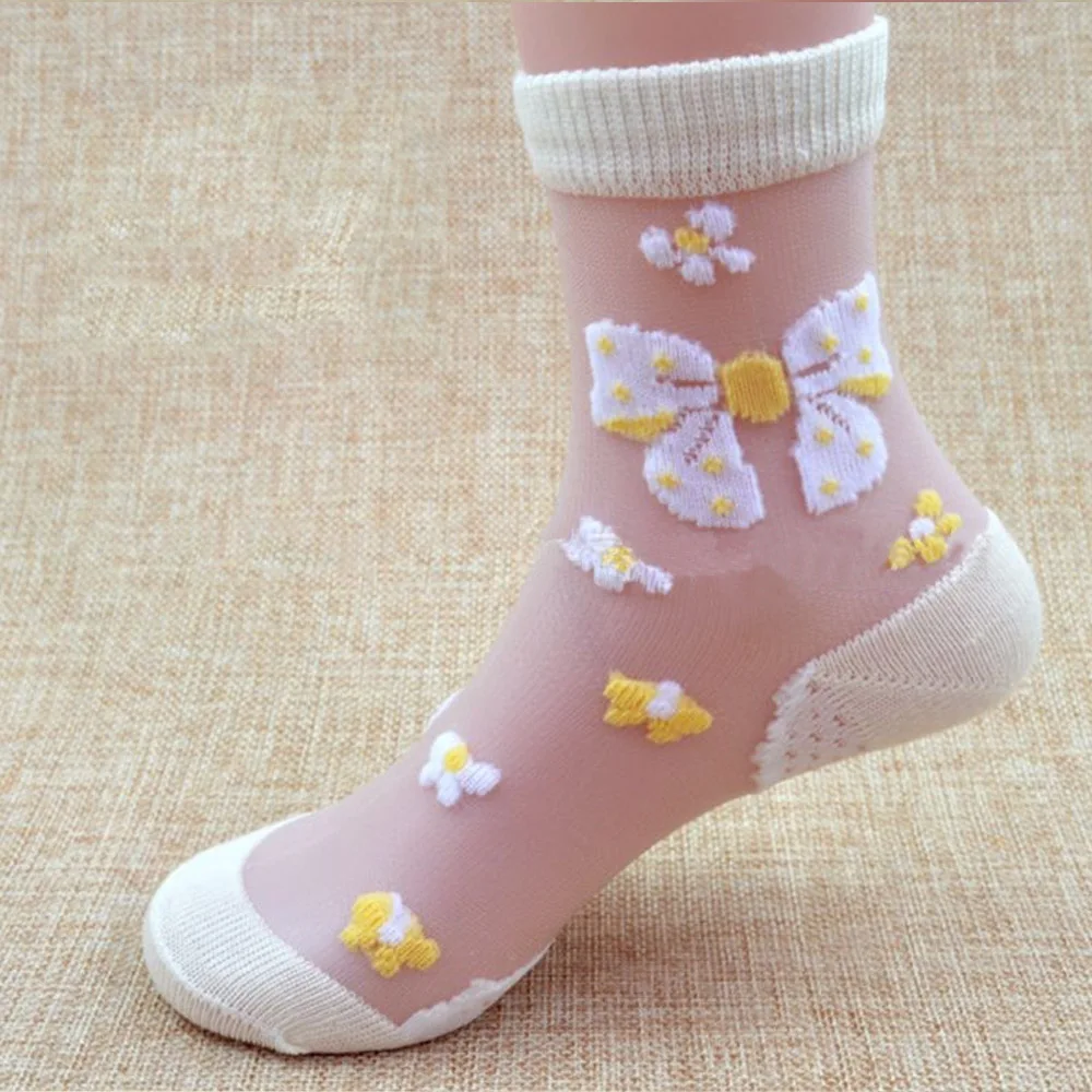 4 Pairs Girls Socks 2024 New Summer Glass Silk Butterfly Strawberry Flower Lace Children Socks 0-11 Year Kids Socks For Girls