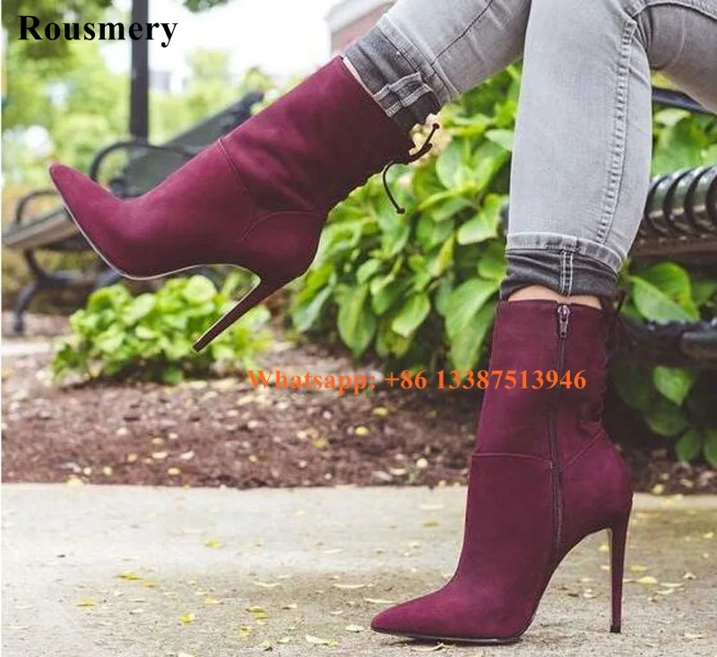 

Women Elegant Pointed Toe Suede Leather Back Lace-up Ankle Boots Slim Style Short High Heel Boots Formal Dress Shoes