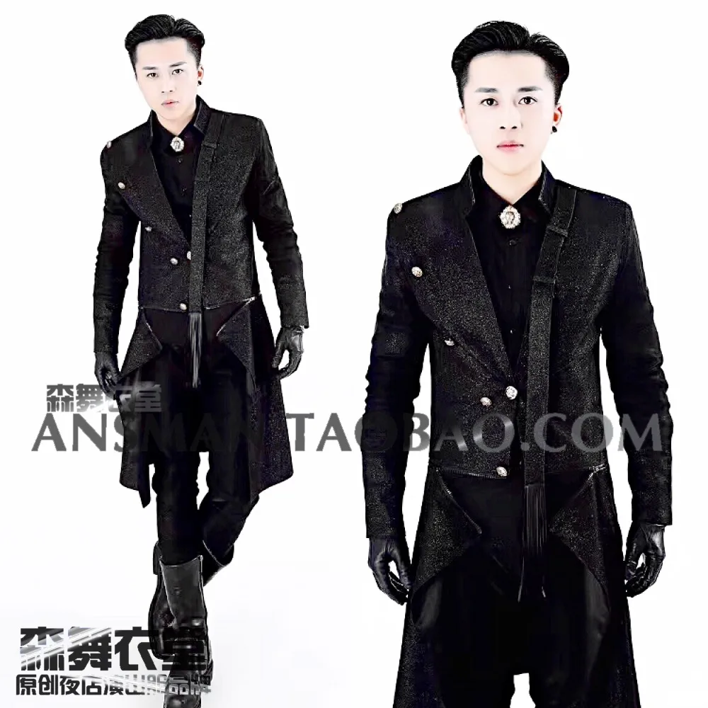 New Men Hair Stylist Super Flash Long Detachable Jacket Coats Performance Male Blazer Singer Costumes Clothing