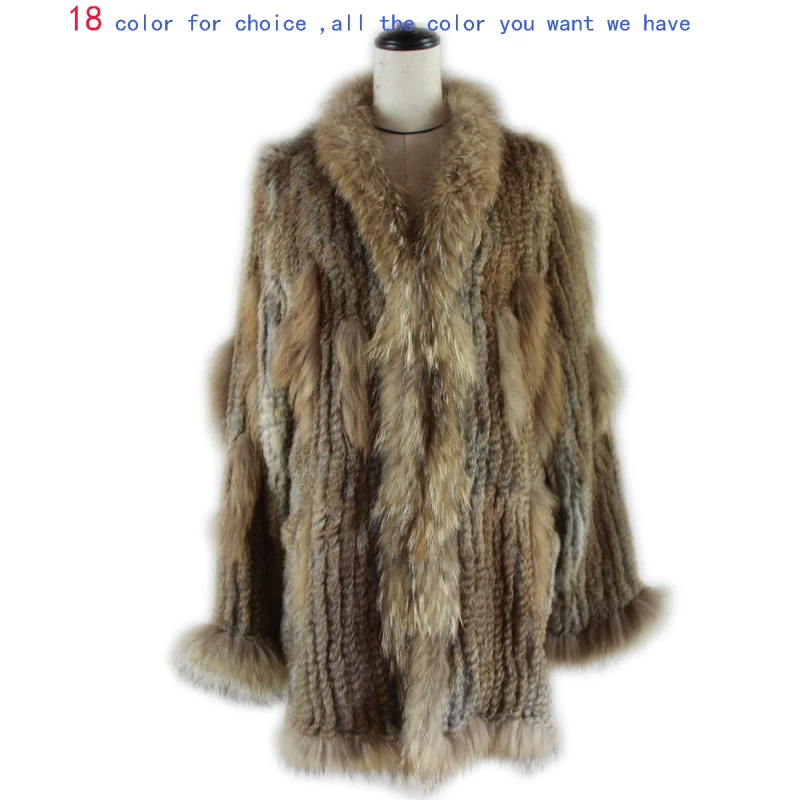 

Spain Russia USA Canada popular Women knitted real genuine real rabbit fur coat overcoat jackets garment raccoon collar