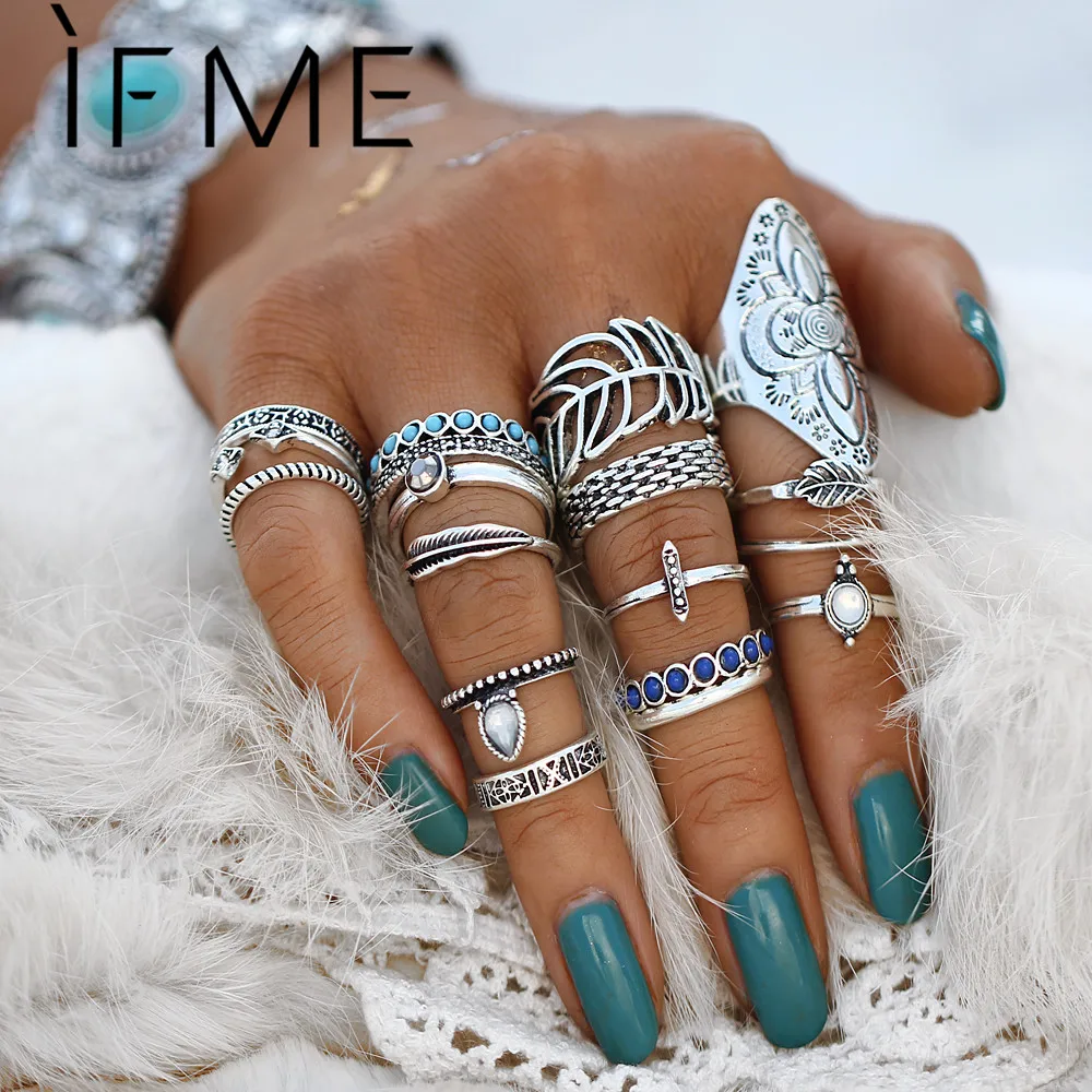 IF ME Vintage Bohemian Ring Set Punk Antique Silver Color Leaf Armor Shield Geometric Knuckle Midi Rings for Women Jewelry Gifts