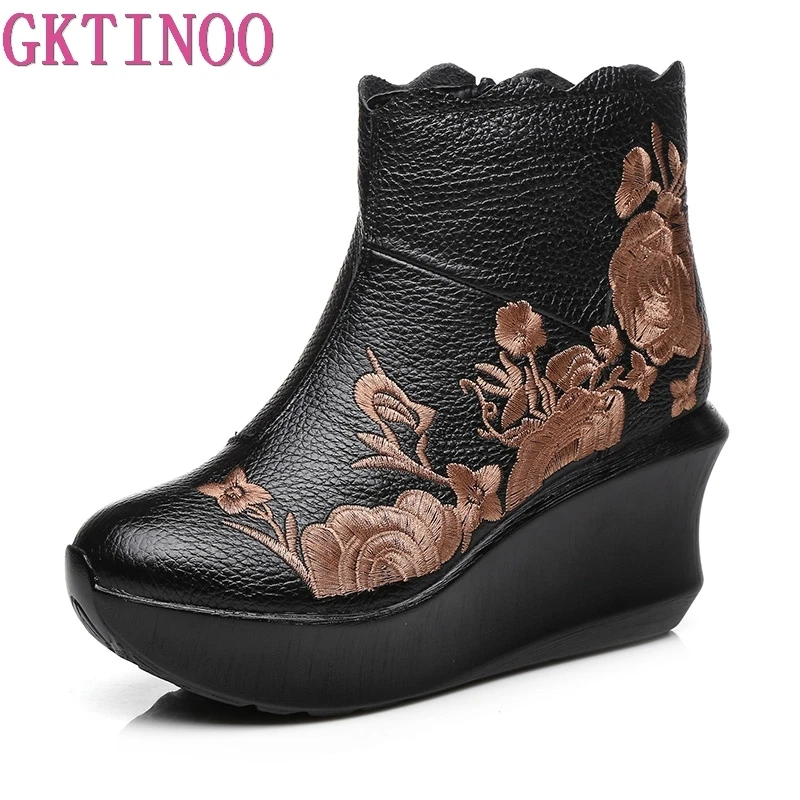 GKTINOO Embroider Handmade Boots For Women Genuine Leather Ankle Shoes Vintage Platform Women Shoes Round Toes Wedges Boots