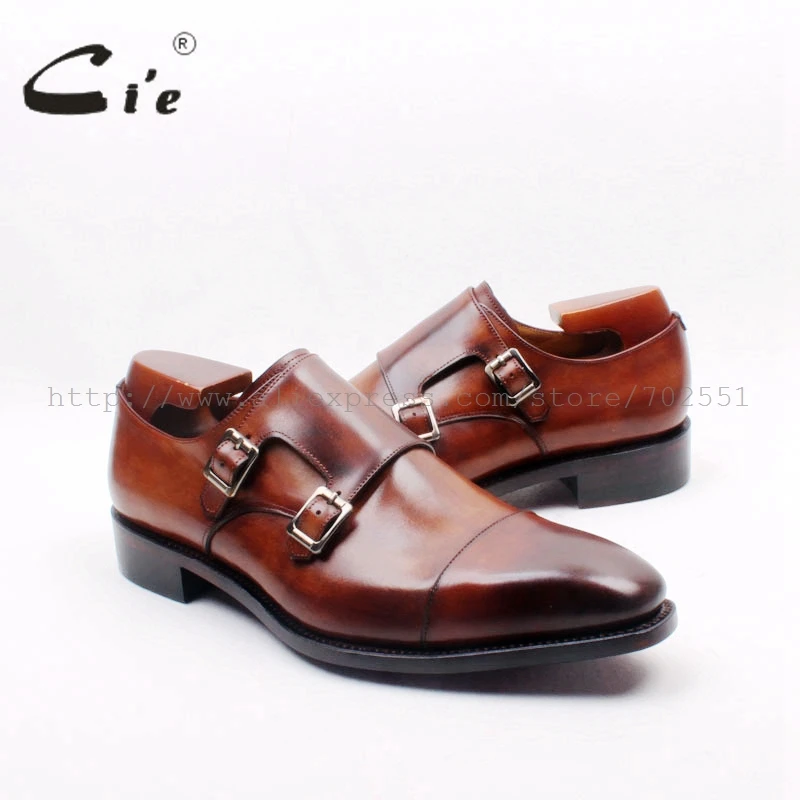 cie Square Cap Plain Toe Hand-Painted Brown Double Monk Straps 100% Genuine Calf Leather Italian Goodyear Welted  Men ShoeMS155