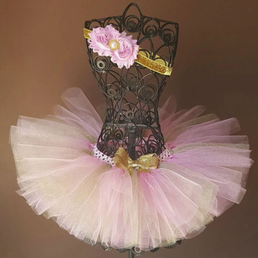 New Baby Girls Sparkling Tutu Skirts Girls Crochet Tulle Ballet Dance Pettiskirts with Flower Headband Kids Party Costume Skirt