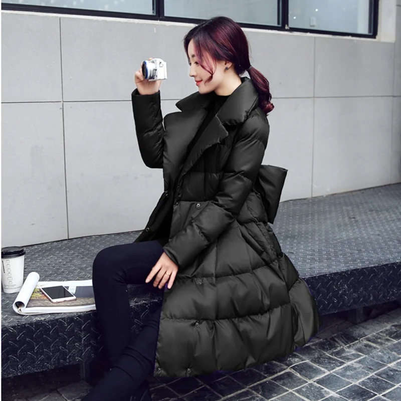 Winter parkas women cotton jacket fashion A-line Down cotton jackets Thick warm long Slim female Bow Big swing cotton coats N247