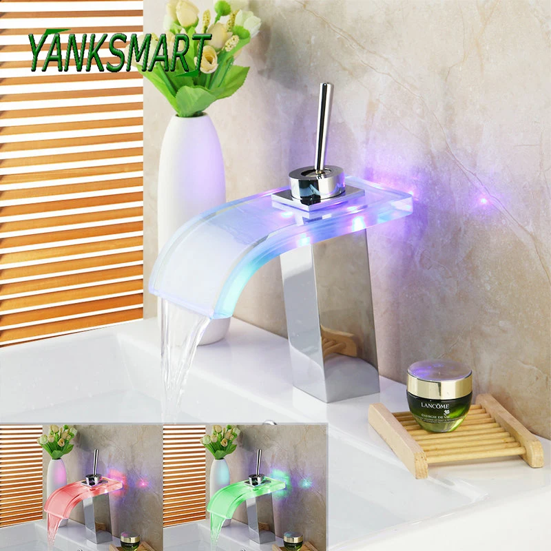 

YANKSMART LED Light Bathroom Basin Sink Faucet Chrome/Glass Mixer Single Handle Faucet Deck Mounted Cold & Hot Water Tap