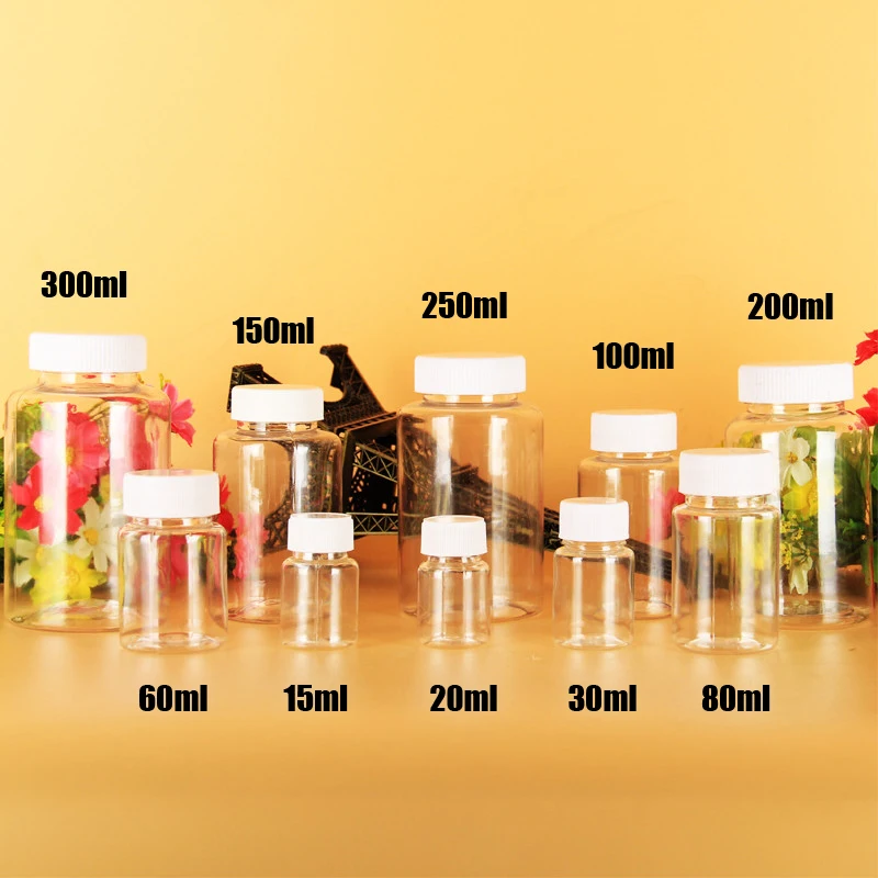 Transparent PET Bottles, Solid Bottles, Liquid Bottles, Capsules/Pills/Powder/Vitamin Plastic Bottles --Variety Sizes