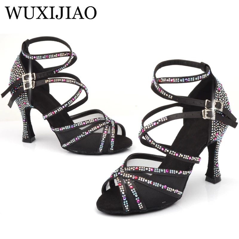 WUXIJIAO Ladies Latin dance shoes with black satin rhinestone style high heels salsa dancing shoes heel 9cm