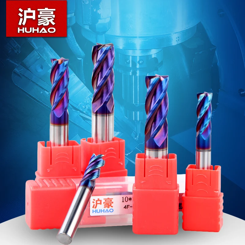 HRC63 Nano blu Cappotto Frese a base piatta in metallo duro Rubinetto 1 * 50 * 4D CNC 4 flauti Punte coniche in metallo duro solido Huhao 4776