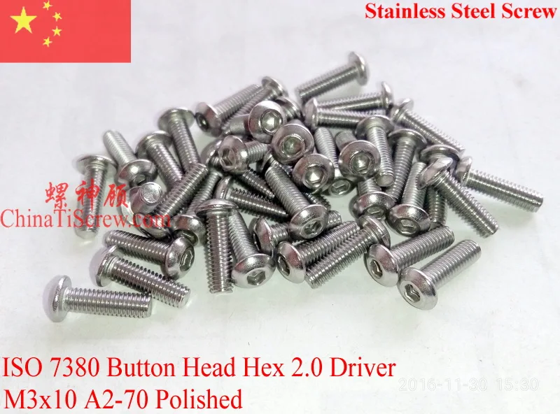 ISO 7380 Stainless Steel M3 screws M3x2.5 M3x4 M3x5 M3x6 M3x8 M3x10 M3x12 Button Head Hex 2.0 Driver A2-70 Polished 50 pcs QCTI