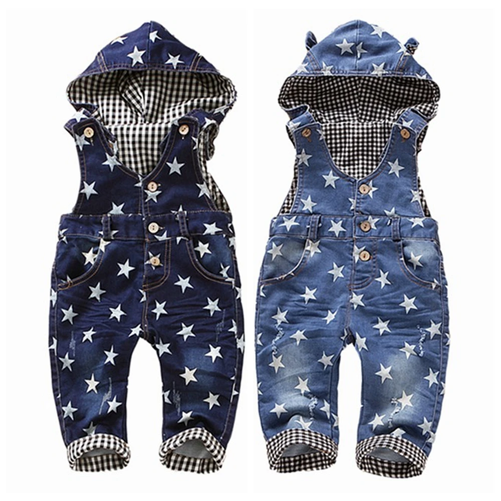 

0-4T Baby Overalls Spring Girls Boys Stretchy Stars Jeans Rompers Top Quality Kids Cotton Pants Hooded Jumpsuit Babe Clothes