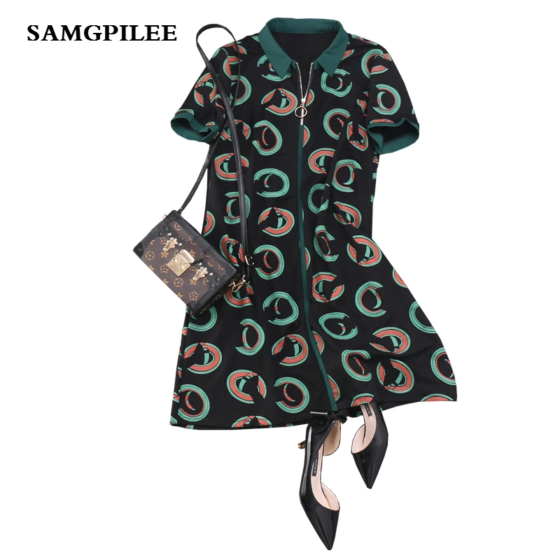 

2022 New Fashion Casual A-line Print Short Sleeve Appliques Knee-length Turn-down Collar Summer Women Dress
