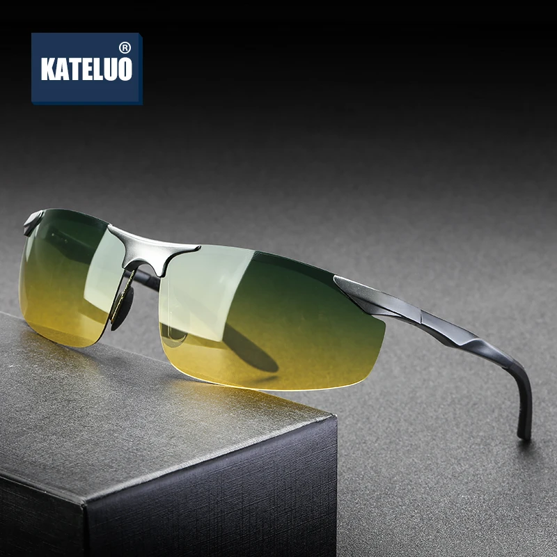 KATELUO Fashion Anti Glare Day Night Driving Glasses for Men Rimless Car Eyeglasses Men's Polarized Sunglasses For Male 8179