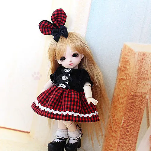 NEW Black/Red Sweet Cute Western Style Gird Dress 16cm 20cm Lati-Y/Puki Fee/AE BJD Doll Clothes