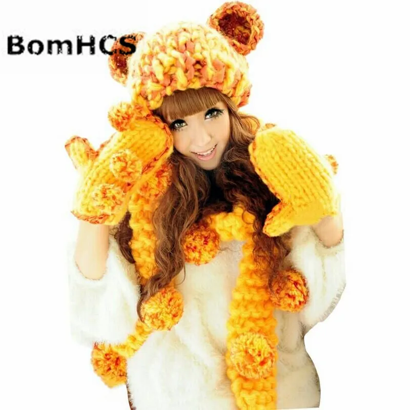 BomHCS Beanie+ Gloves+ Scarf 100% Handmade Knit Hat Neckerchief Mittens Cute Ears Soft Pompoms