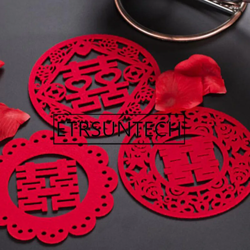 200pcs Traditional Chinese Double Happiness Coasters Non-woven Felt Cup Mats Wedding Table Decoration