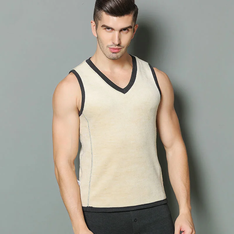 Men basic Tank Tops 100%Natural Silk Fleece Solid tank Mens V neck Slim top 2021 Fall Winter New Black