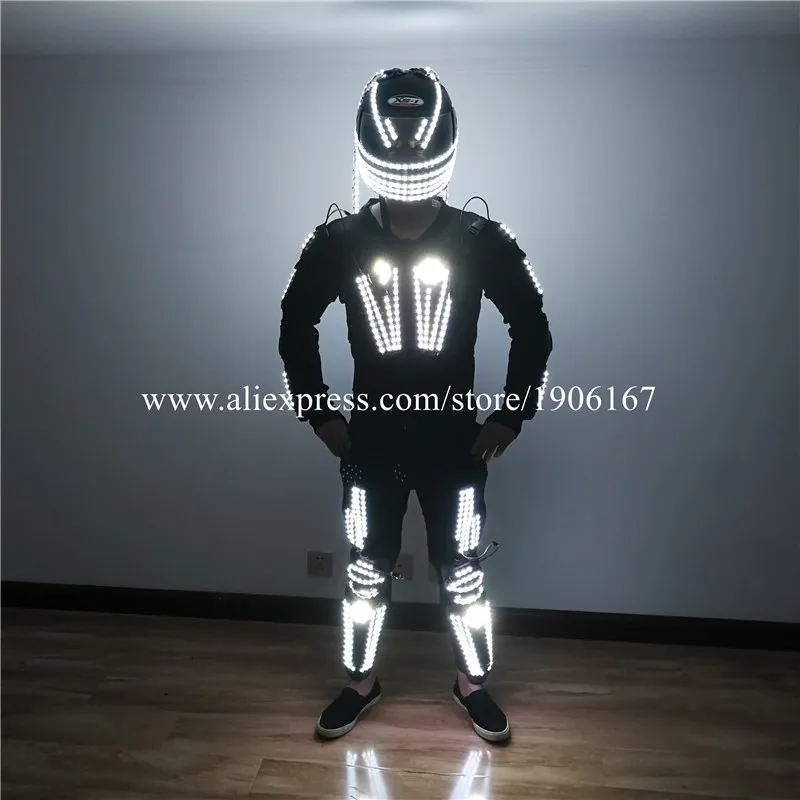 RGB Led Luminous Dance Robot Suit Illuminated Growing Light Up Armor Costume Stage Performance Led Flashing Helmet With Wigs