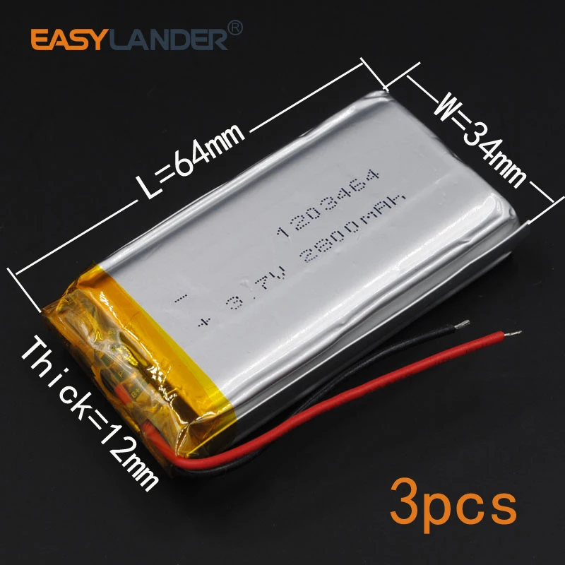 

123464 3pcs/Lot 3.7V 2800mAh 1203464 Rechargeable li Polymer Li-ion Battery For PDA powr Bank GPS navigation camera