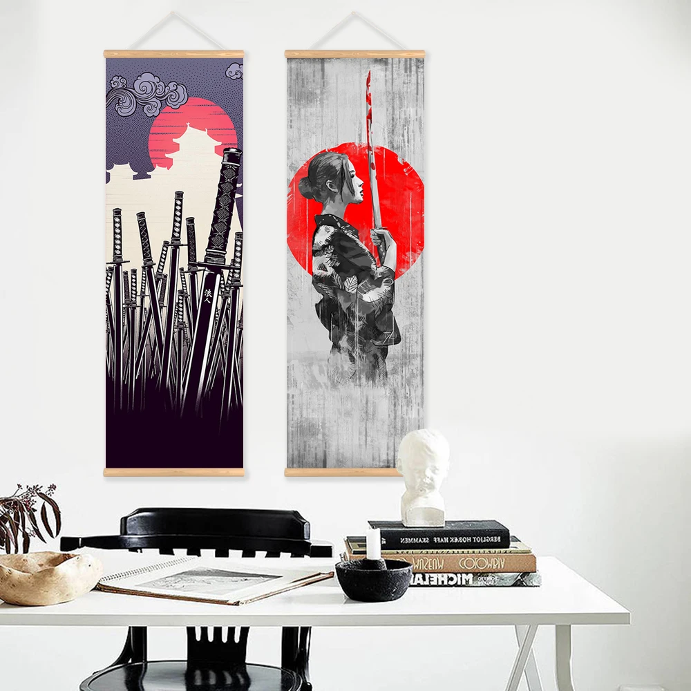 Japanese Samurai Ukiyoe Scroll poster Canvas Poster with Wooden Hanger Wall Art Living Room Bedroom Home Decor Scroll Painting
