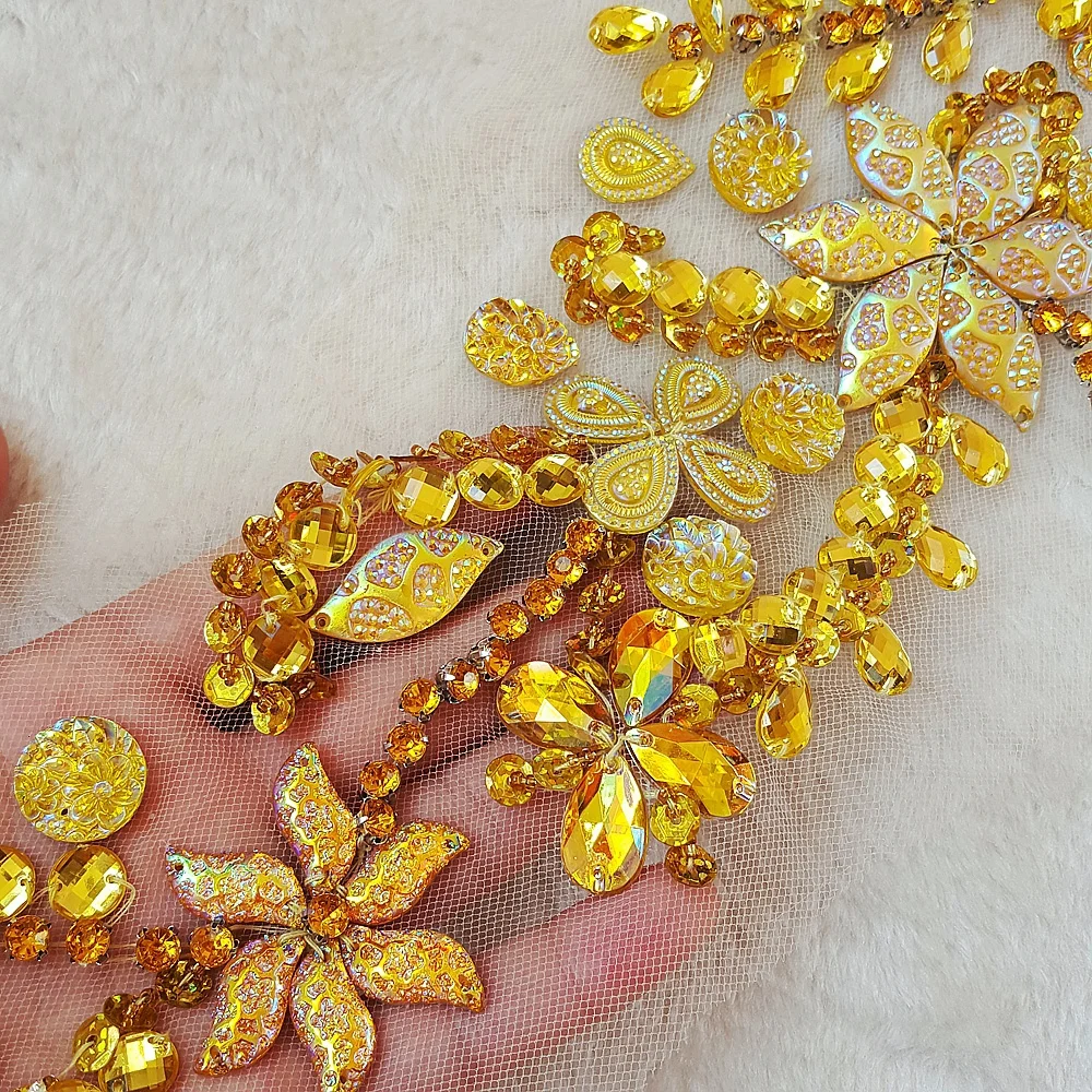 GORGEOUS 10x24cm Yellow Crystal Rhinestone Beaded Designer Patches Sew-on Applique Sequins DIY Wedding for Belt Waist Decoration