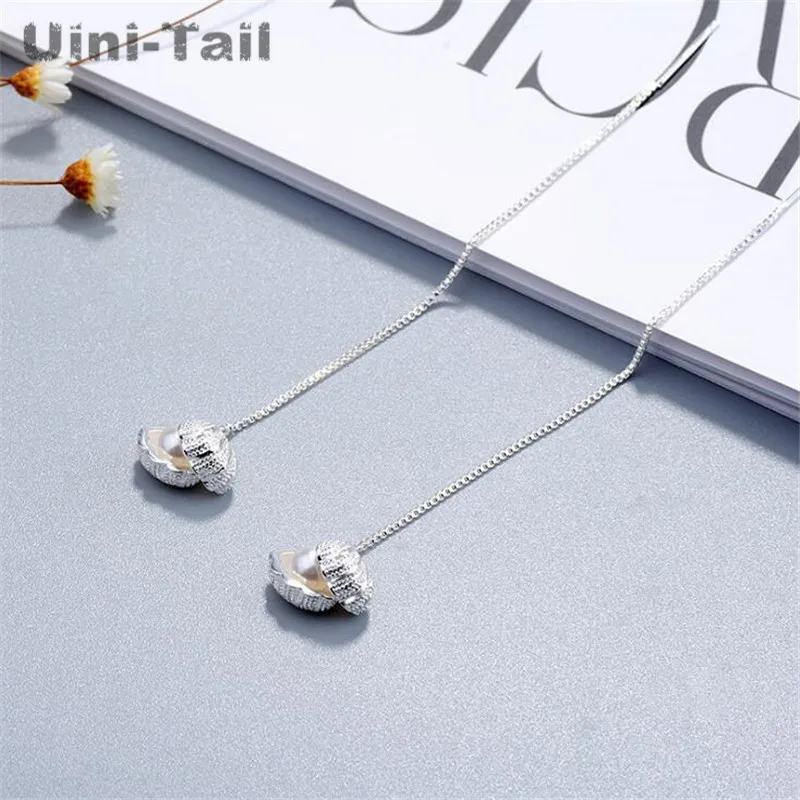 Uini-Tail hot new 925 Tibetan silver Korean sweet shell earrings long pearl tassel earrings wild temperament simple fresh ED245