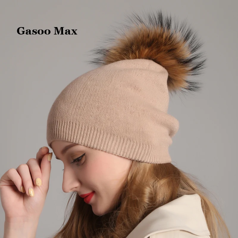 Autumn winter beanies hat Women knitted wool Skullies casual cap with real raccoon fox fur pompom girls ski gorros cap