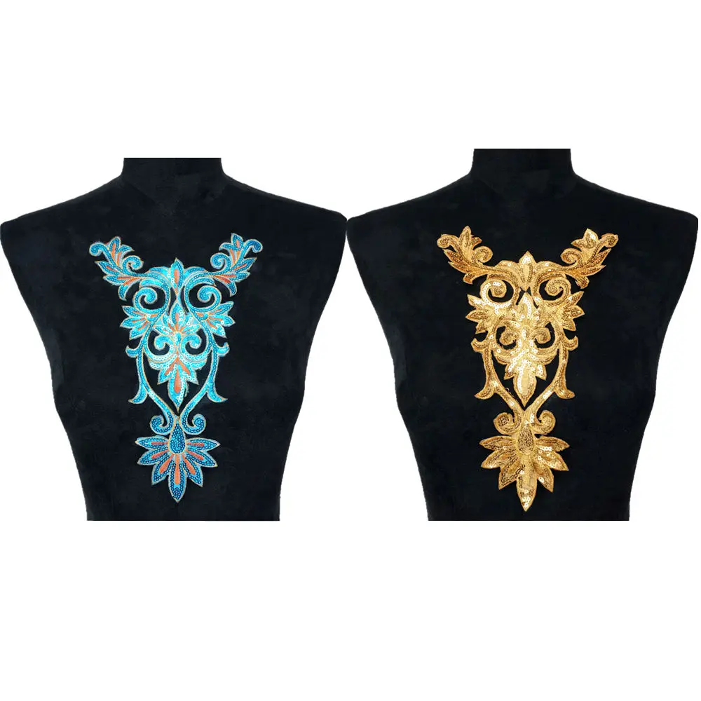 Gold Blue Sequined Patches Flower Totem Sew Iron On Badges Embroidered Appliques For Clothes DIY Craft Decoration Sticker