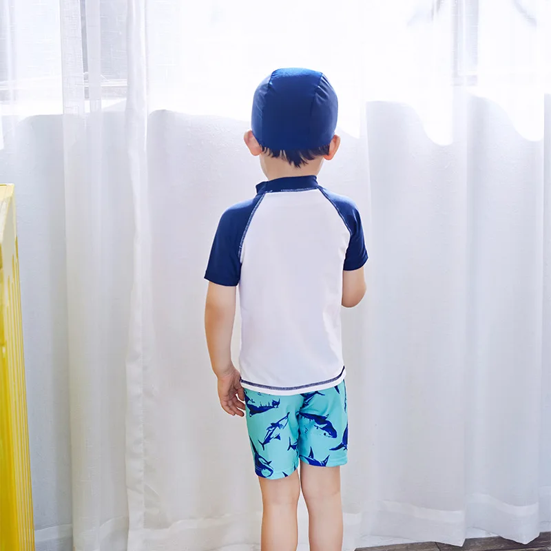 Boy Two Pieces Suit Sunscreen Quick Drying Swimsuit 6-13 Year Children Shark Print Swimwear Kid Cartoon Beachwear Bathing Suit