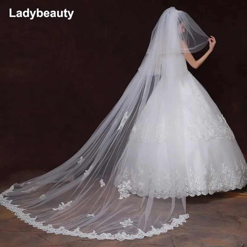 

2018 New 3 Meters One Layer Lace Tulle Long Wedding Veil New Ivory 3M Bridal Veil with Comb Velos De Novia