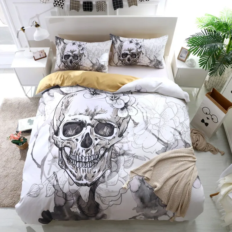 

FANAIJIA 3d Flowers skull Duvet Cover With Pillowcases Sugar Skull Bedding Set Au Queen King Size Flower Soft Bed Covers