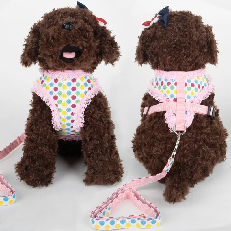 Cute Grid Pet Puppy dog harness vest dog accessories Lace dog collar and leash set high quality pets rope chihuahua ZL145-3